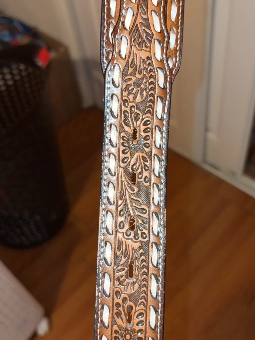 Men’s Tan Leather Western Belt with Decorative Silver Buckle